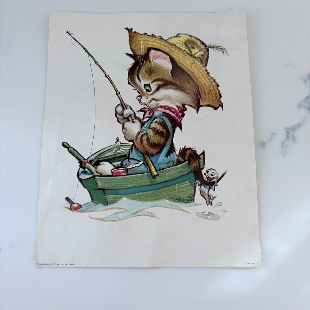 Vintage 1965 Donald Art Co‎ Kitten Fishing Lithograph Hawley Big Eye Art 8x10
